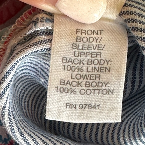 J. Jill | Striped Linen Short Sleeve Button Down Blouse, Floral Back Panel - Picture 8 of 10